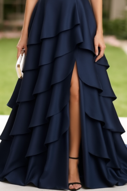 Formal Wedding Guest Dress Navy Strapless Sleeveless Maxi Tiered Dress