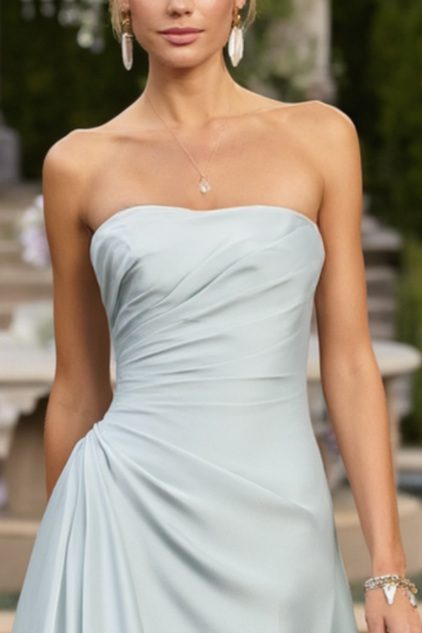 Formal Wedding Guest Dress Blue Strapless Sleeveless Maxi Satin Dress