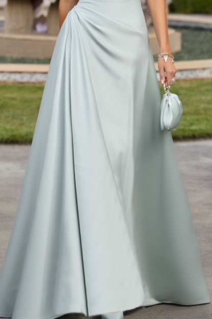 Formal Wedding Guest Dress Blue Strapless Sleeveless Maxi Satin Dress