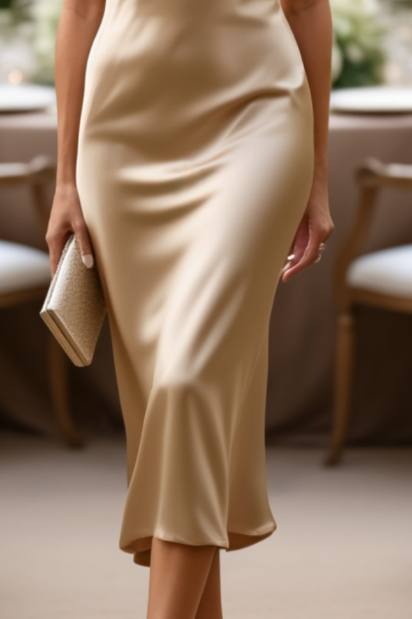 Wedding Guest Dress Champagne Spaghetti Strap Sleeveless Maxi Satin Dress