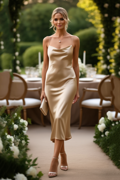 Wedding Guest Dress Champagne Spaghetti Strap Sleeveless Maxi Satin Dress