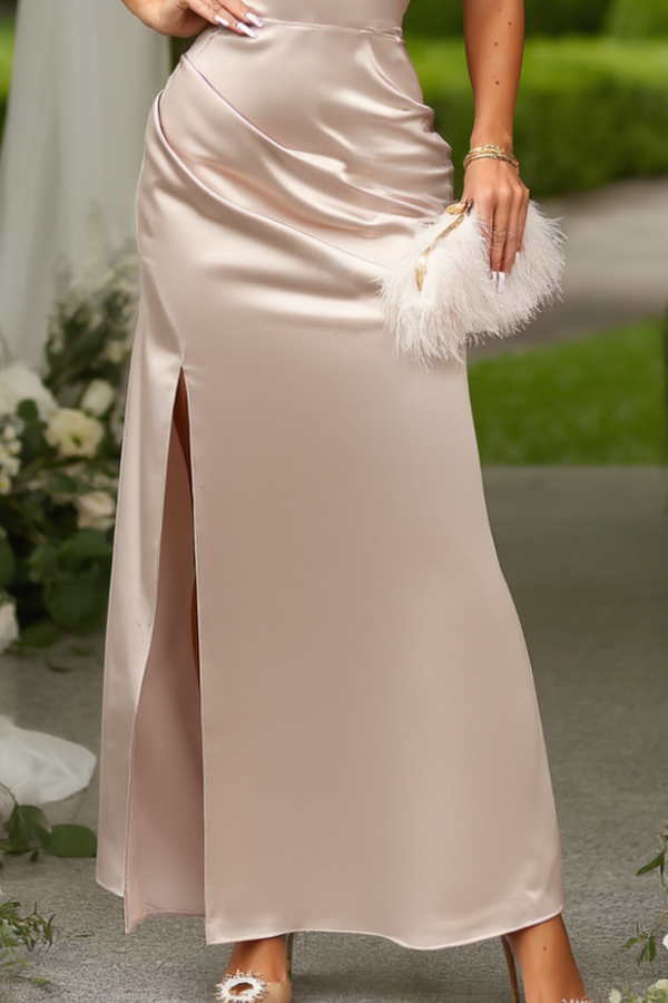Wedding Guest Dress Champagne Halter Neck Sleeveless Maxi Satin Dress