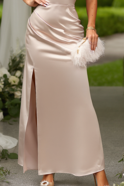 Wedding Guest Dress Champagne Halter Neck Sleeveless Maxi Satin Dress
