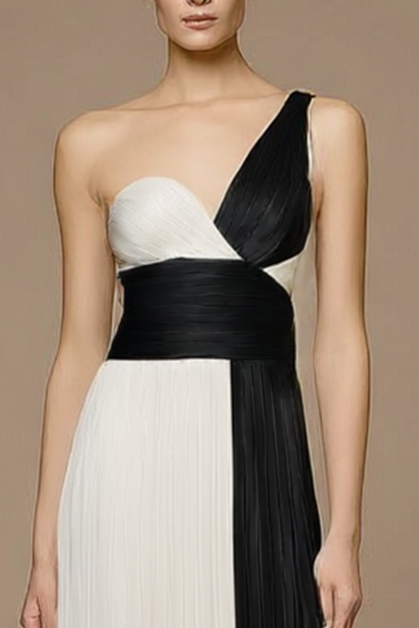 Formal ​Evening Dress Black White One Shoulder Maxi Dress
