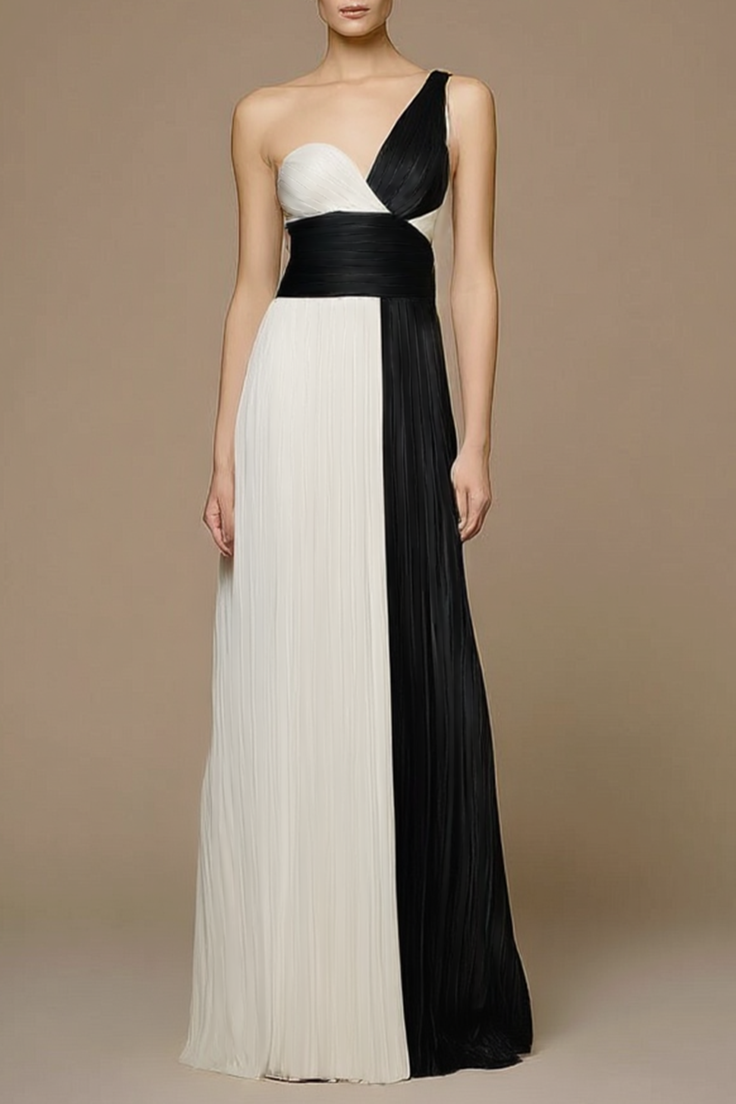 Formal ​Evening Dress Black White One Shoulder Maxi Dress