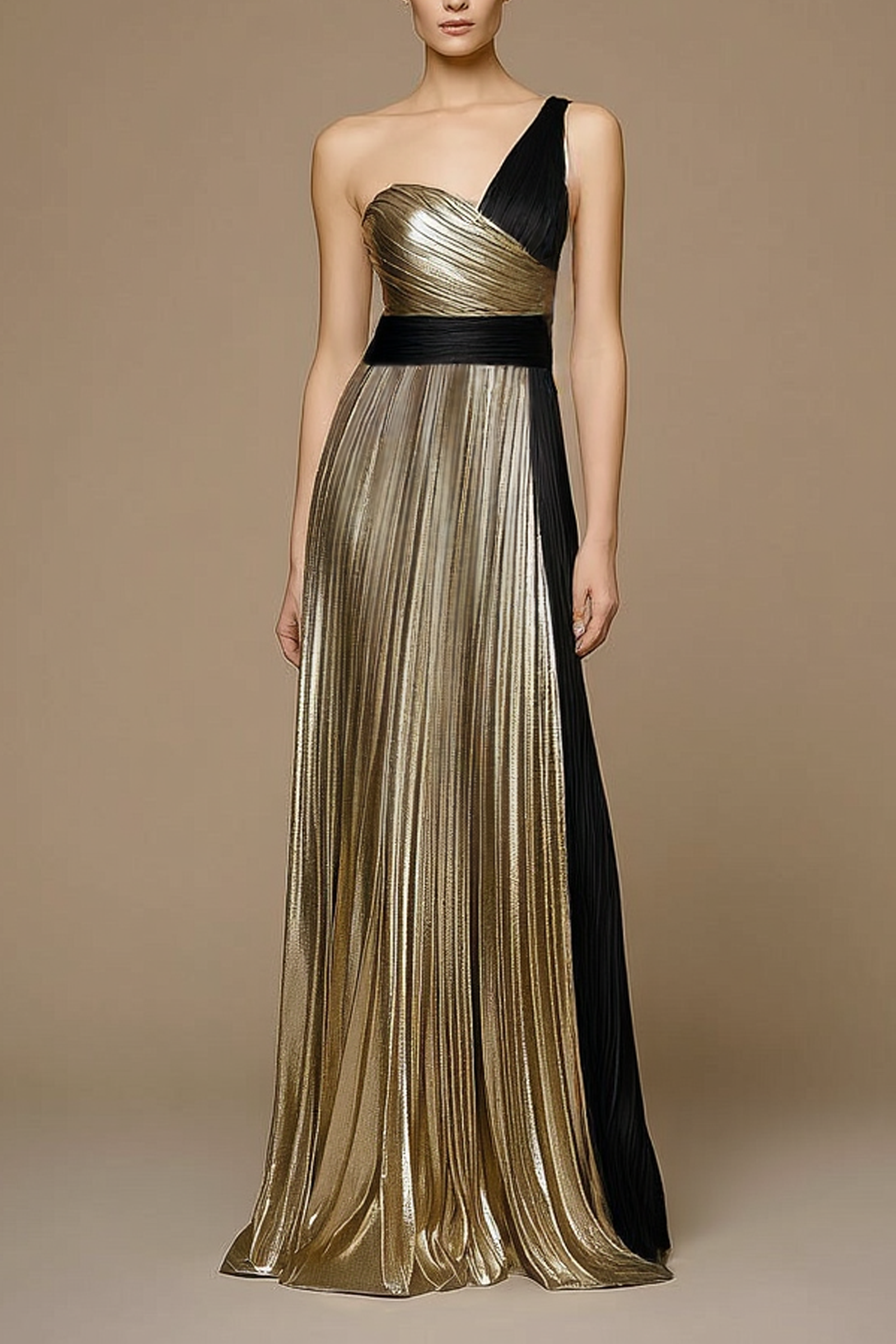 Formal ​Evening Dress Golden One Shoulder Pleated Maxi Dress