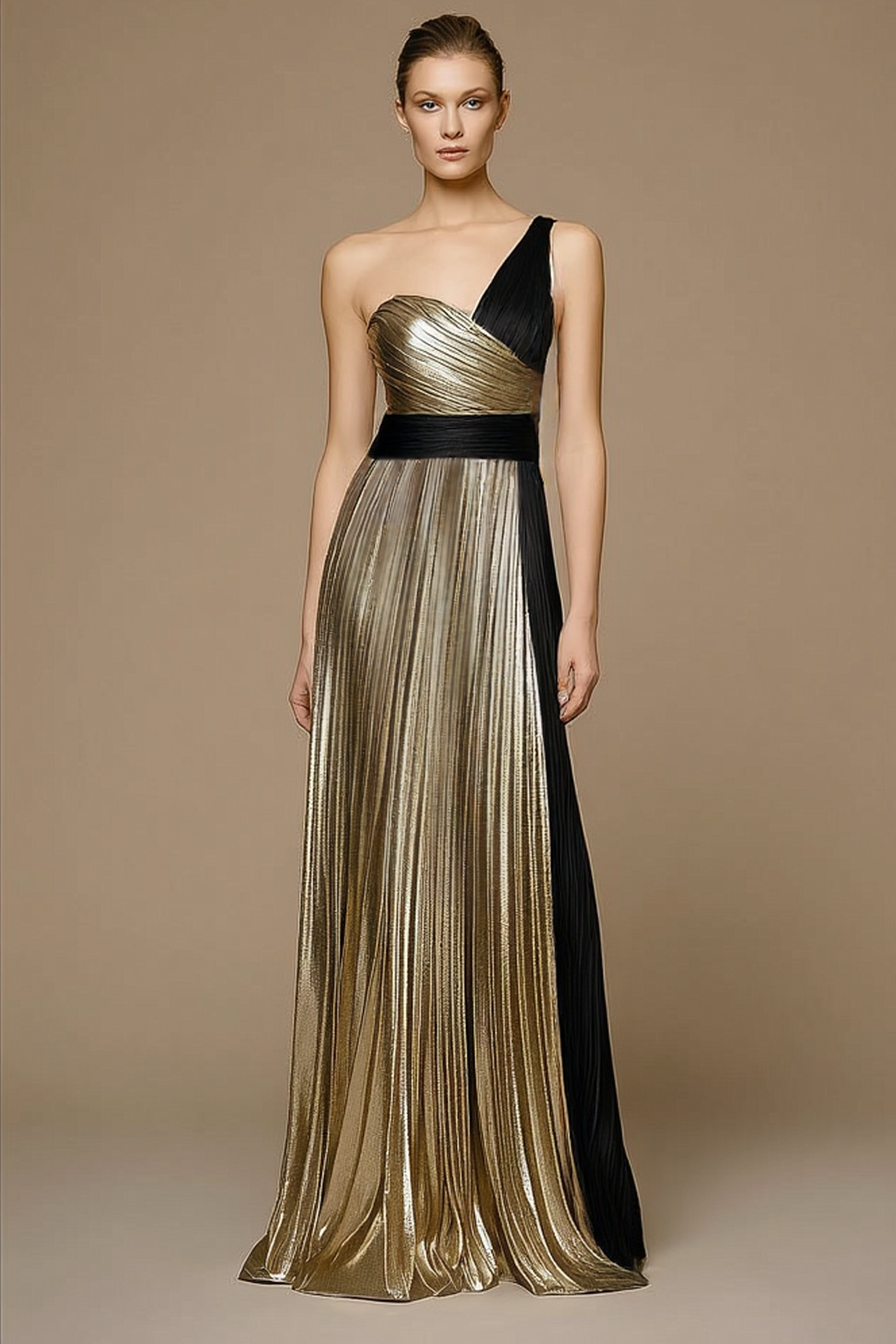 Formal ​Evening Dress Golden One Shoulder Pleated Maxi Dress