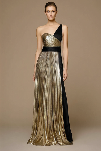 Formal ​Evening Dress Golden One Shoulder Pleated Maxi Dress
