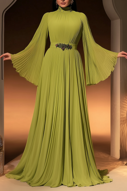 Formal ​Evening Dress Green Stand Collar Pleated Maxi Long Sleeve Dress