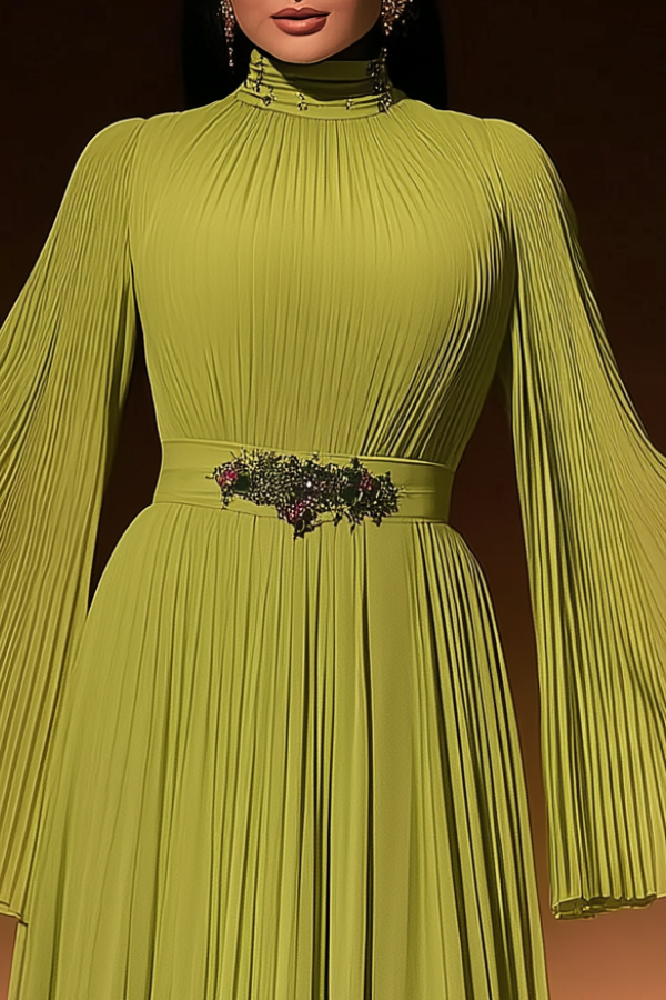 Formal ​Evening Dress Green Stand Collar Pleated Maxi Long Sleeve Dress