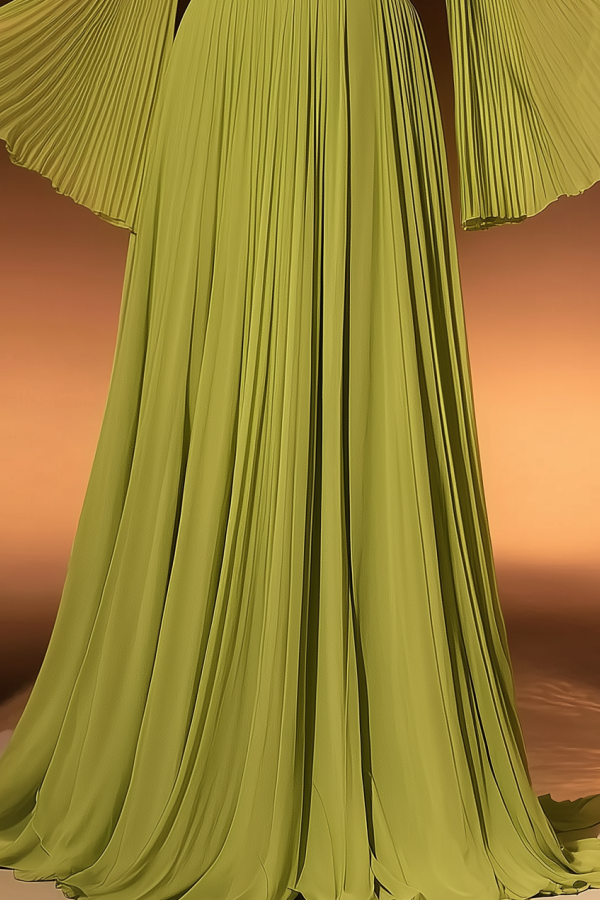 Formal ​Evening Dress Green Stand Collar Pleated Maxi Long Sleeve Dress