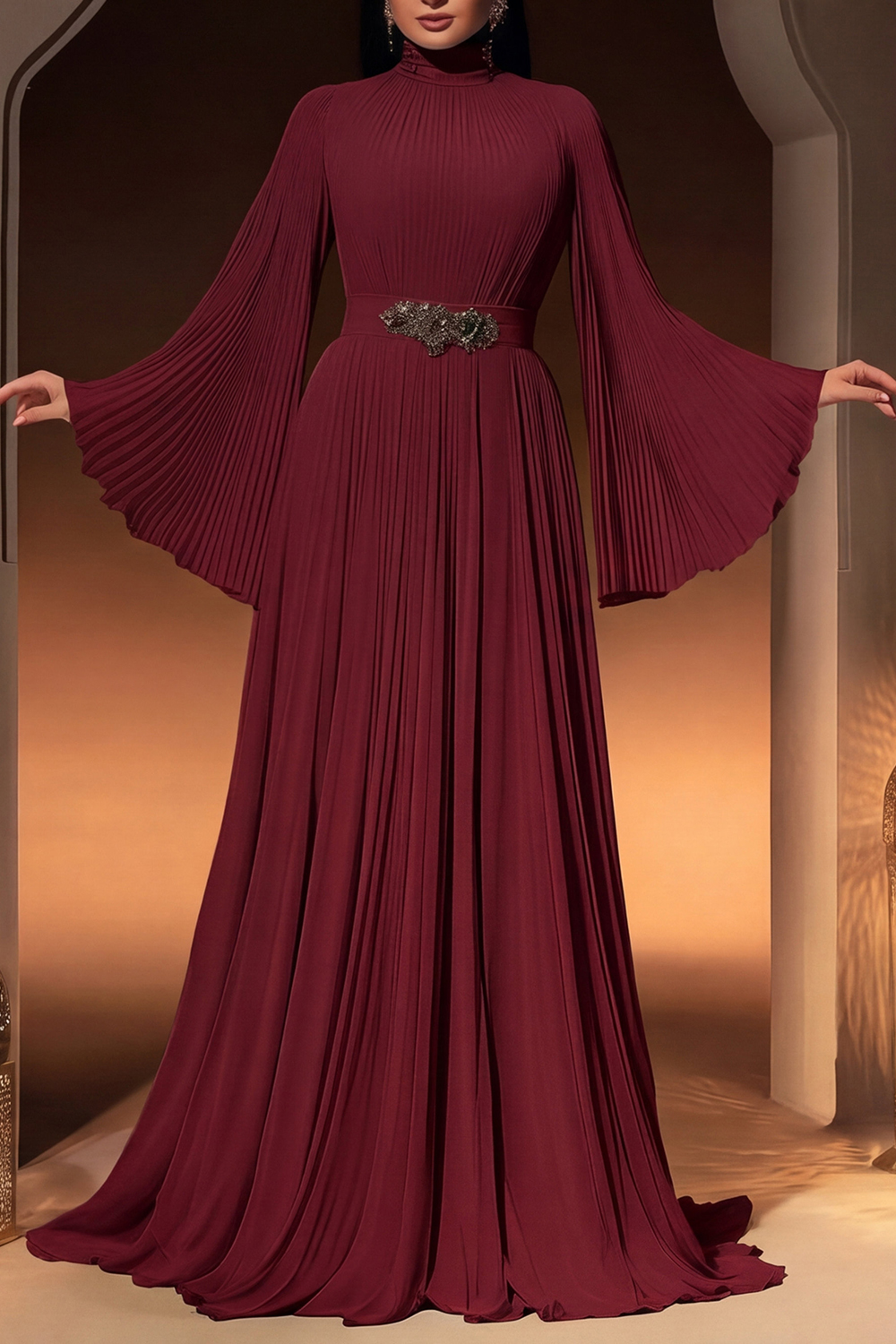 Formal ​Evening Dress Green Stand Collar Pleated Maxi Long Sleeve Dress