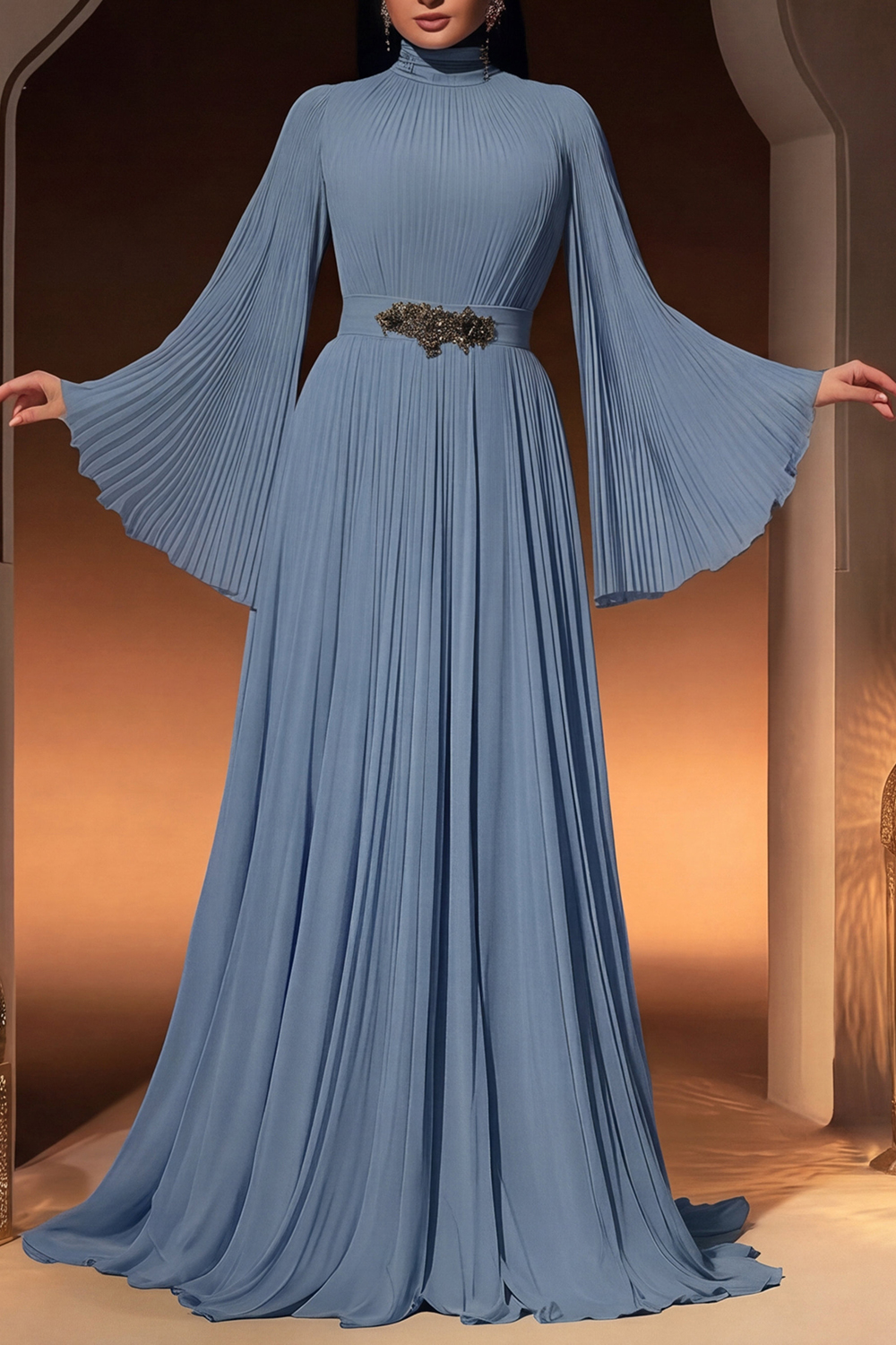 Formal ​Evening Dress Green Stand Collar Pleated Maxi Long Sleeve Dress