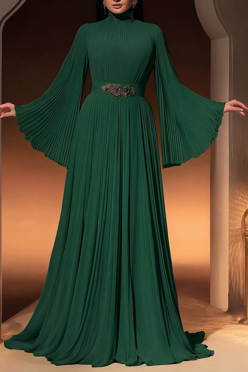 Formal ​Evening Dress Green Stand Collar Pleated Maxi Long Sleeve Dress