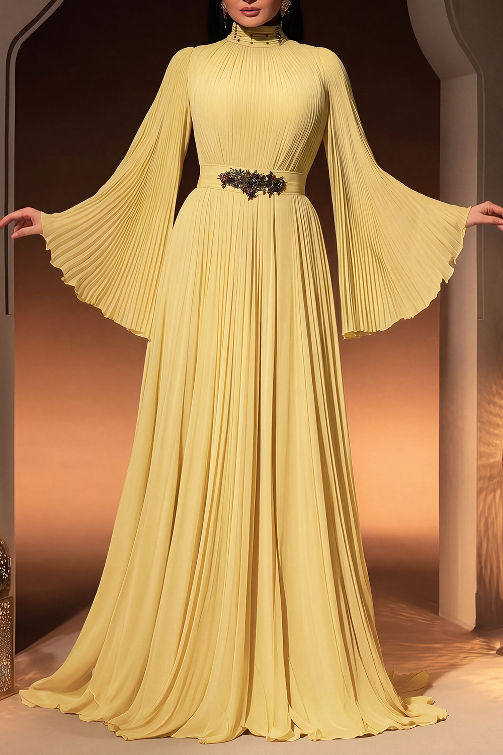 Formal ​Evening Dress Green Stand Collar Pleated Maxi Long Sleeve Dress