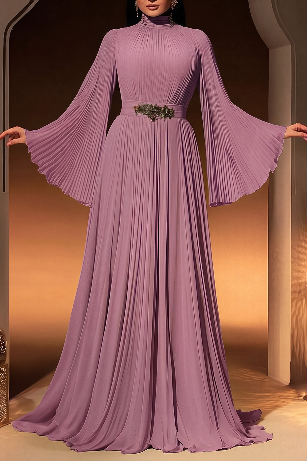 Formal ​Evening Dress Green Stand Collar Pleated Maxi Long Sleeve Dress