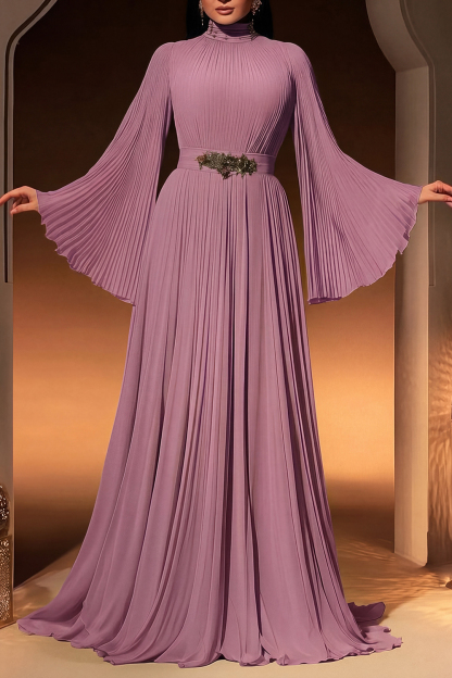 Formal ​Evening Dress Green Stand Collar Pleated Maxi Long Sleeve Dress