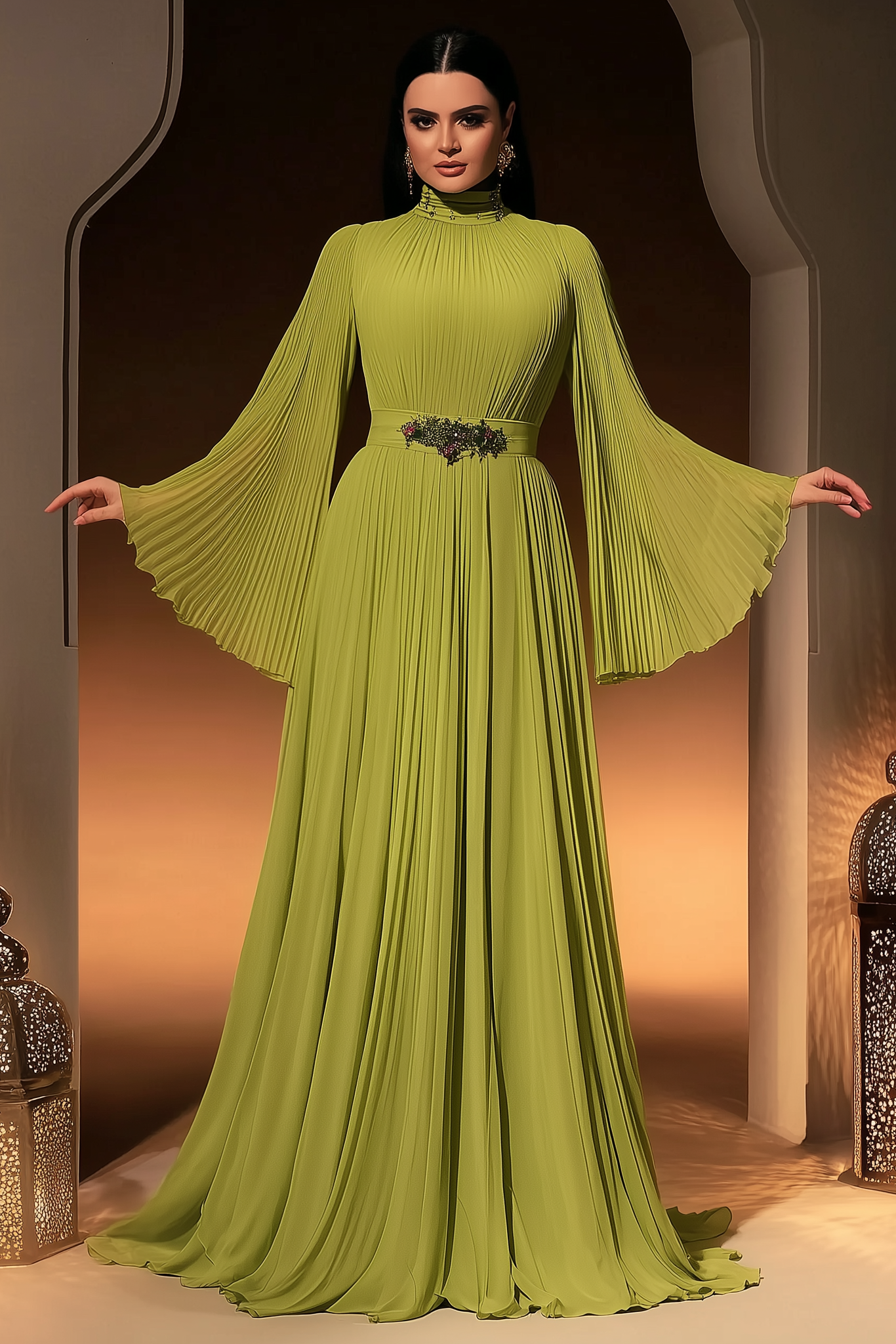 Formal ​Evening Dress Green Stand Collar Pleated Maxi Long Sleeve Dress