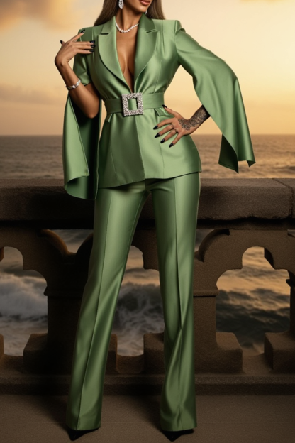 Party Blazer Suit Sets Green Deep V Long Sleeve Straight Pants Set