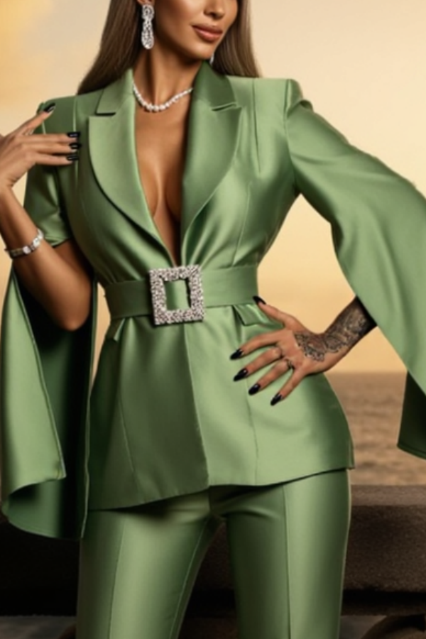 Party Blazer Suit Sets Green Deep V Long Sleeve Straight Pants Set