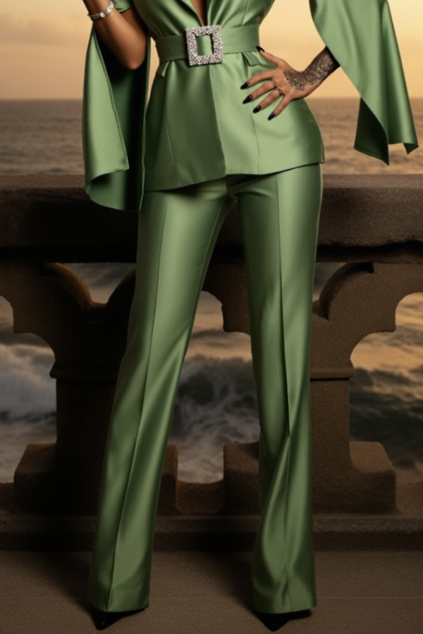 Party Blazer Suit Sets Green Deep V Long Sleeve Straight Pants Set