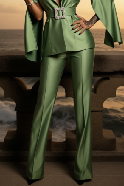 Party Blazer Suit Sets Green Deep V Long Sleeve Straight Pants Set