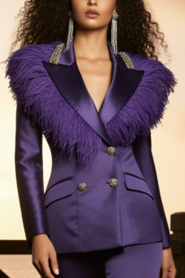 Party Blazer Suit Sets Purple Lapel Long Sleeve Feather Pants Set
