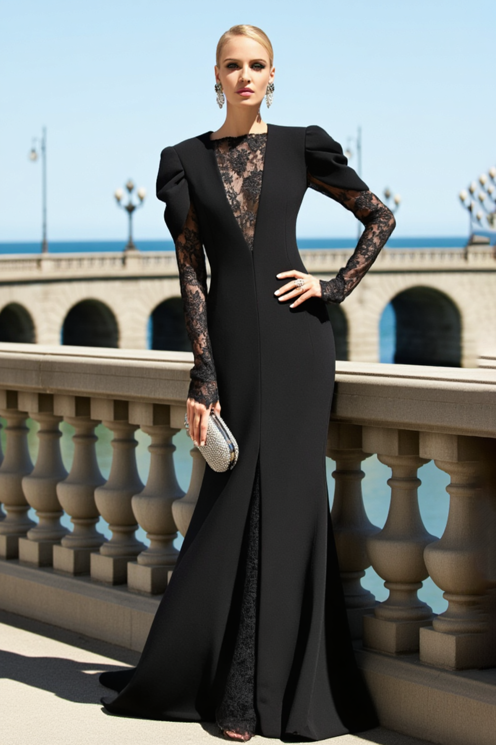 Formal ​Evening Dress Black Crew Neck Lace Maxi Long Sleeve Dress