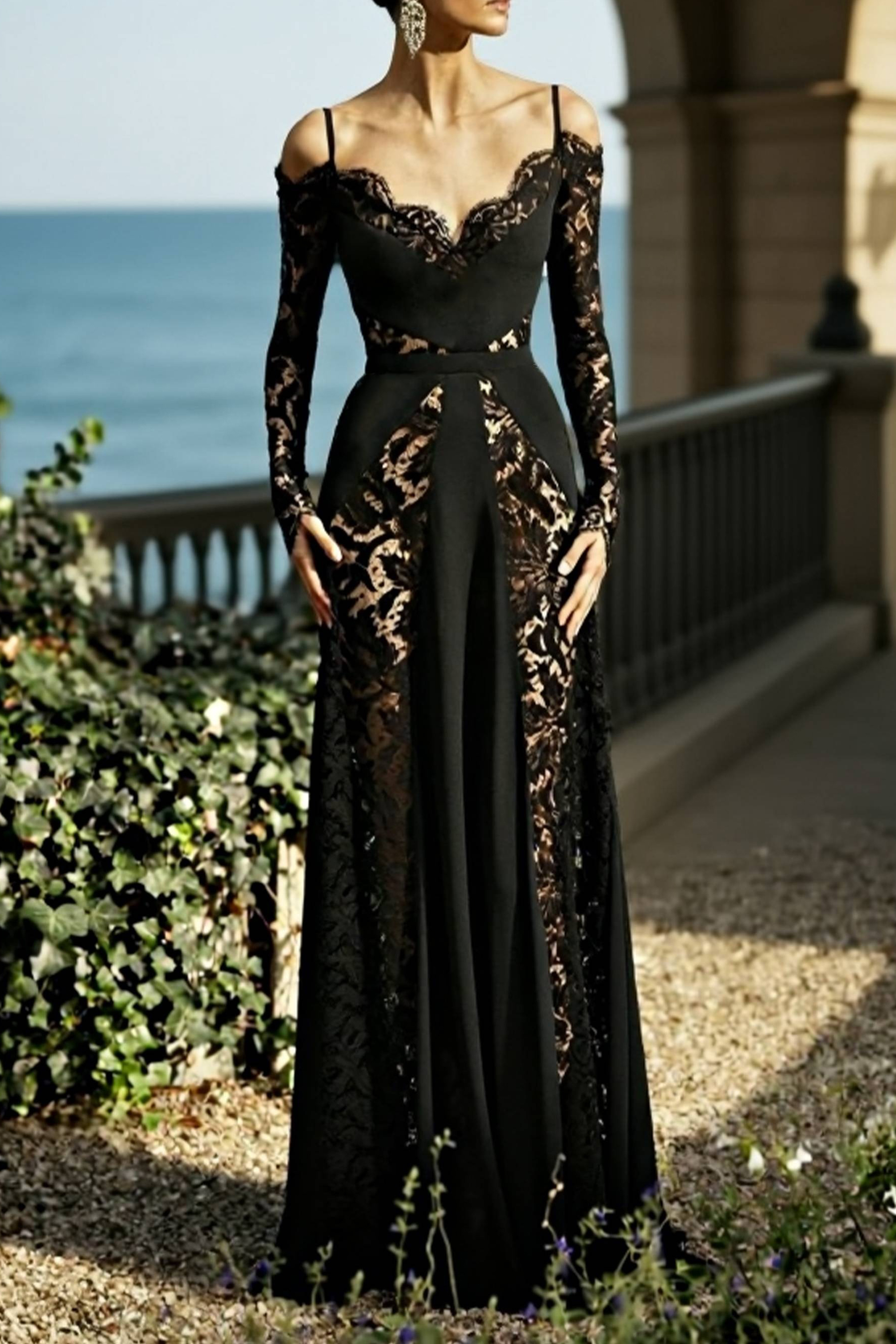 Formal ​Evening Dress Black V Neck Lace Maxi Long Sleeve Dress