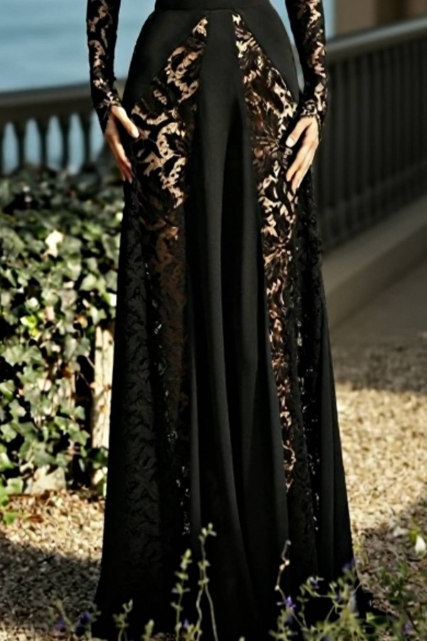 Formal ​Evening Dress Black V Neck Lace Maxi Long Sleeve Dress