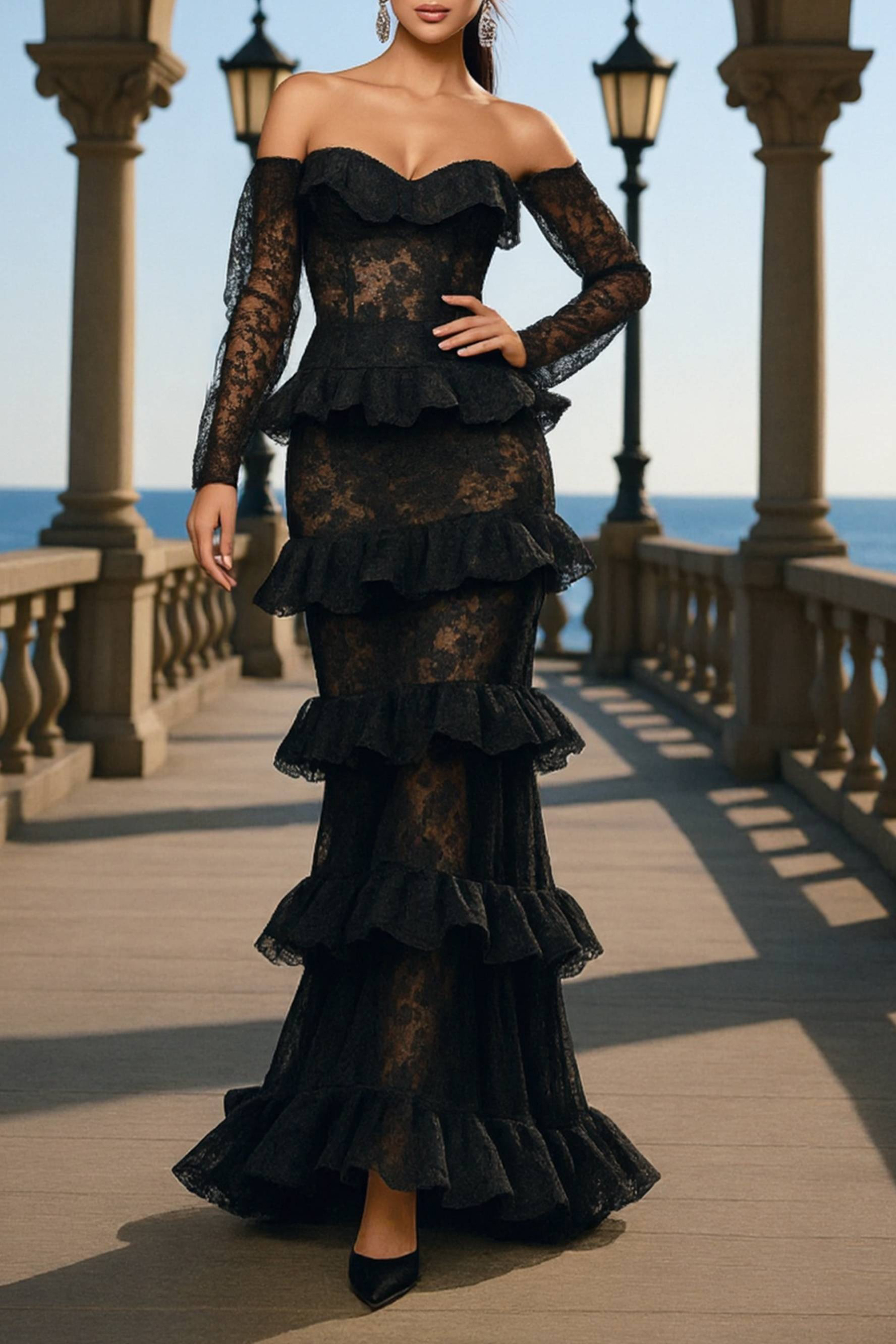 Formal ​Evening Dress Black Strapless Lace Maxi Long Sleeve Dress