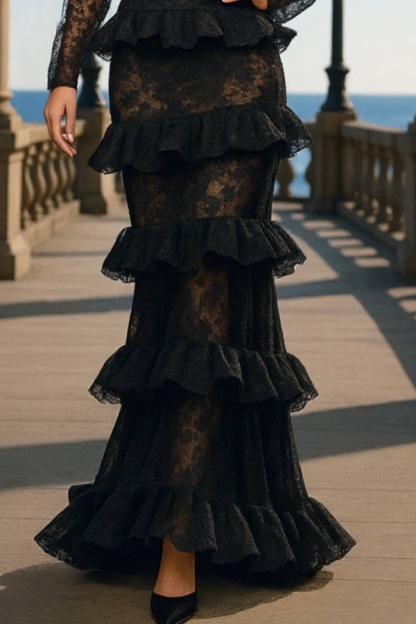 Formal ​Evening Dress Black Strapless Lace Maxi Long Sleeve Dress