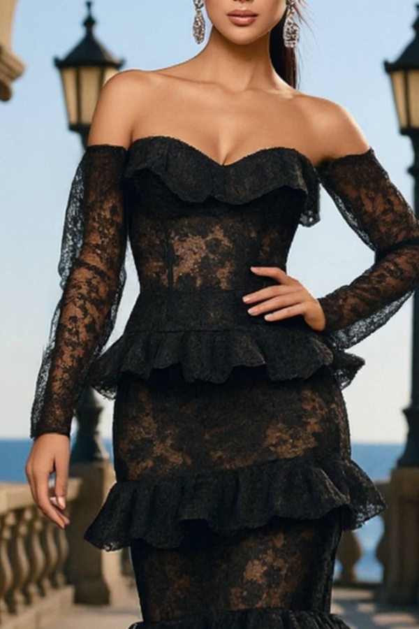 Formal ​Evening Dress Black Strapless Lace Maxi Long Sleeve Dress