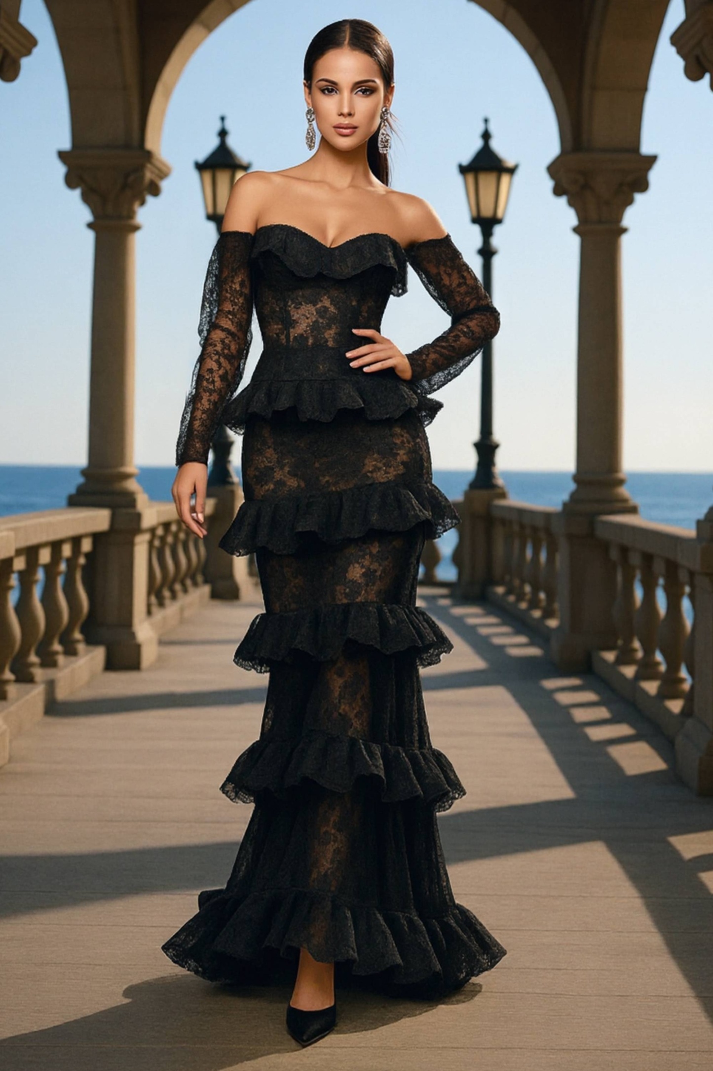 Formal ​Evening Dress Black Strapless Lace Maxi Long Sleeve Dress