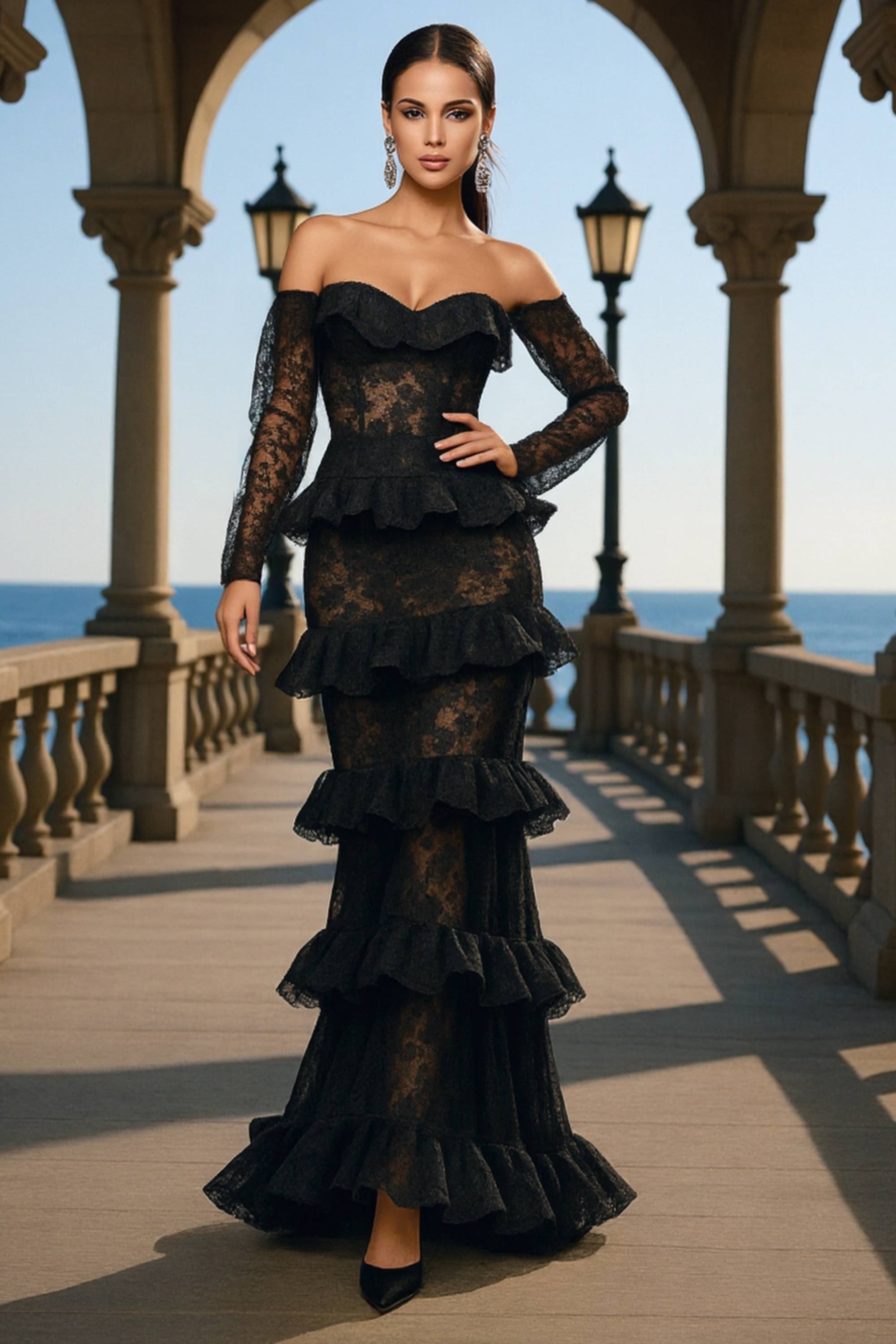Formal ​Evening Dress Black Strapless Lace Maxi Long Sleeve Dress