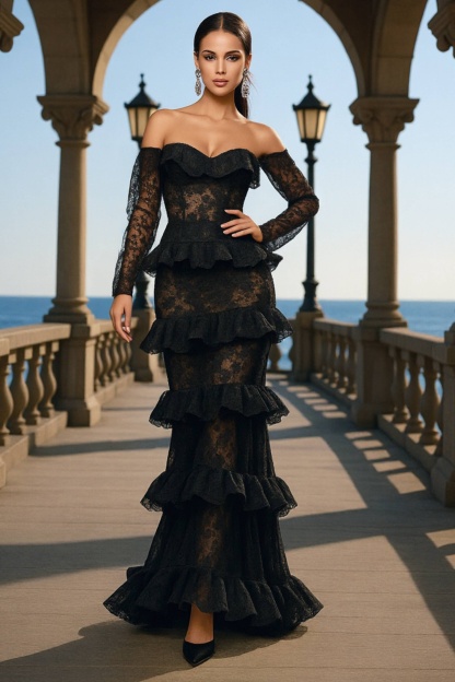 Formal ​Evening Dress Black Strapless Lace Maxi Long Sleeve Dress