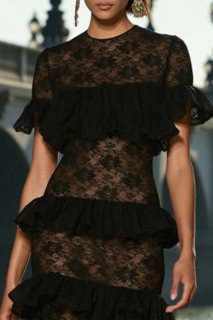 Formal ​Evening Dress Black Crew Neck Lace Maxi Short Sleeve Dress