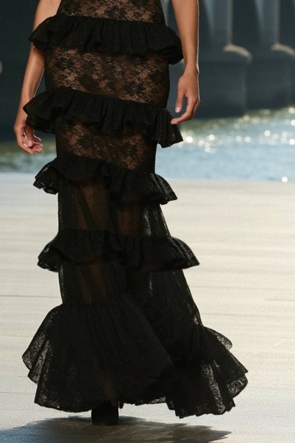 Formal ​Evening Dress Black Crew Neck Lace Maxi Short Sleeve Dress