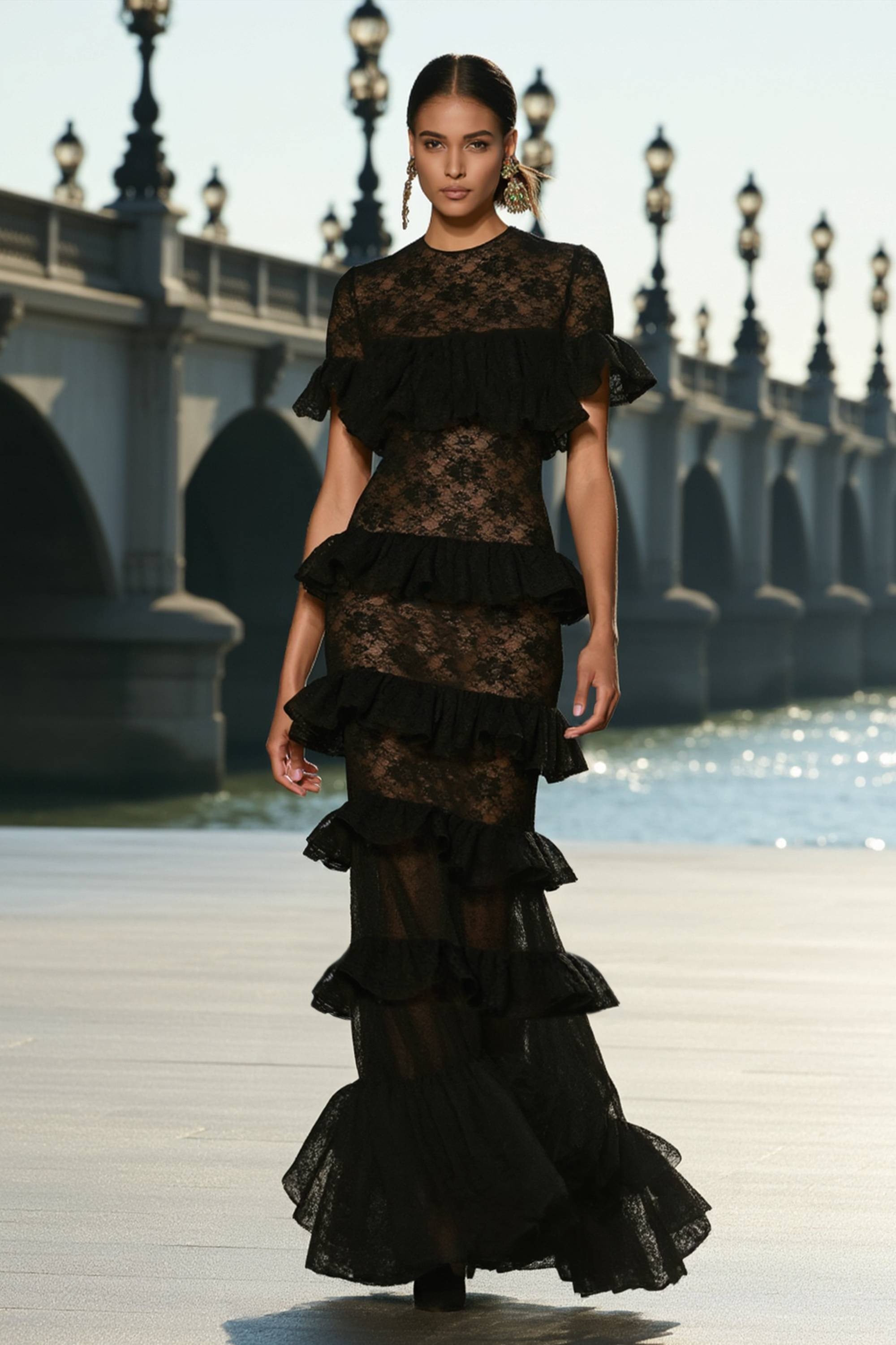 Formal ​Evening Dress Black Crew Neck Lace Maxi Short Sleeve Dress