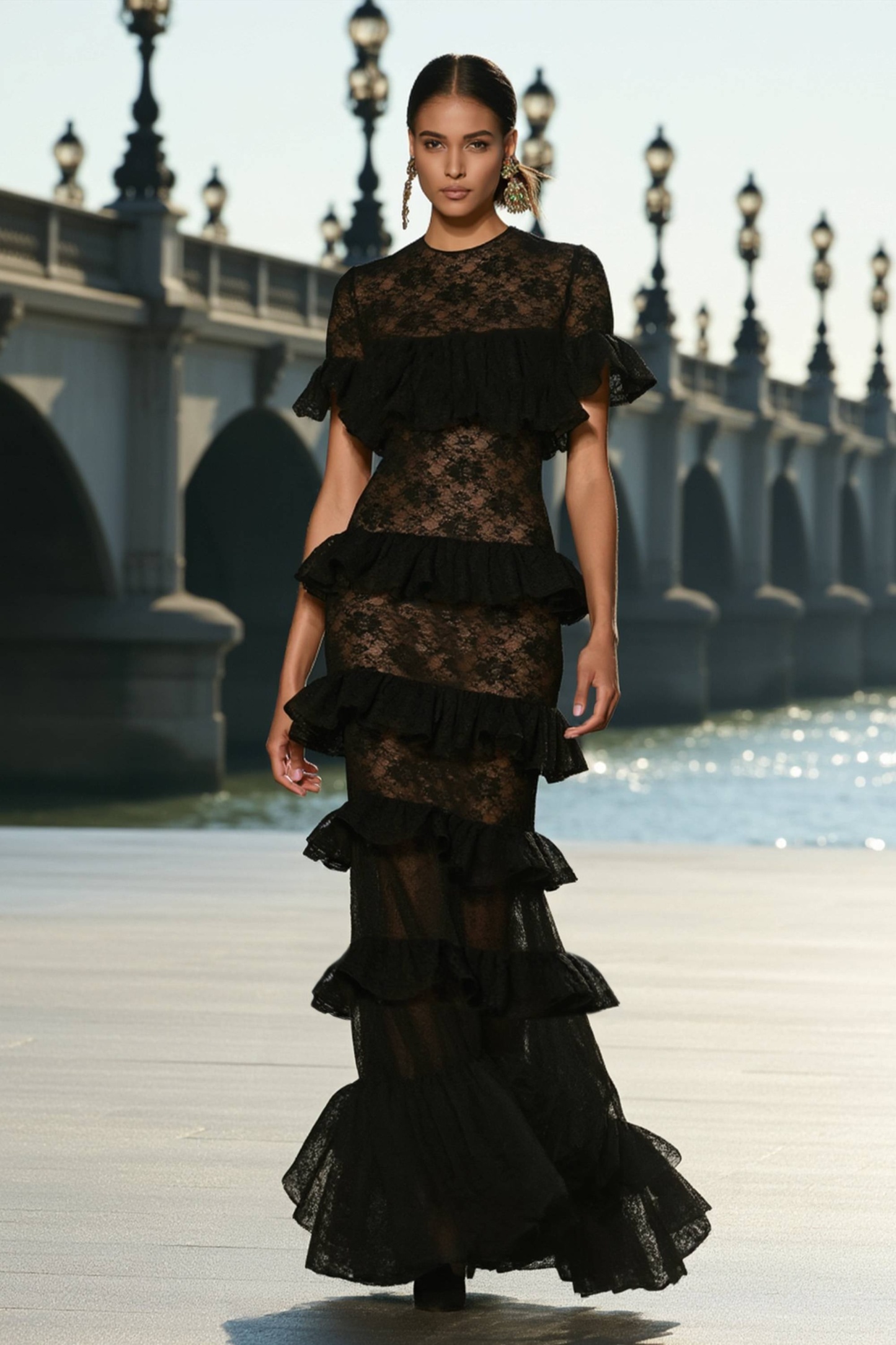 Formal ​Evening Dress Black Crew Neck Lace Maxi Short Sleeve Dress