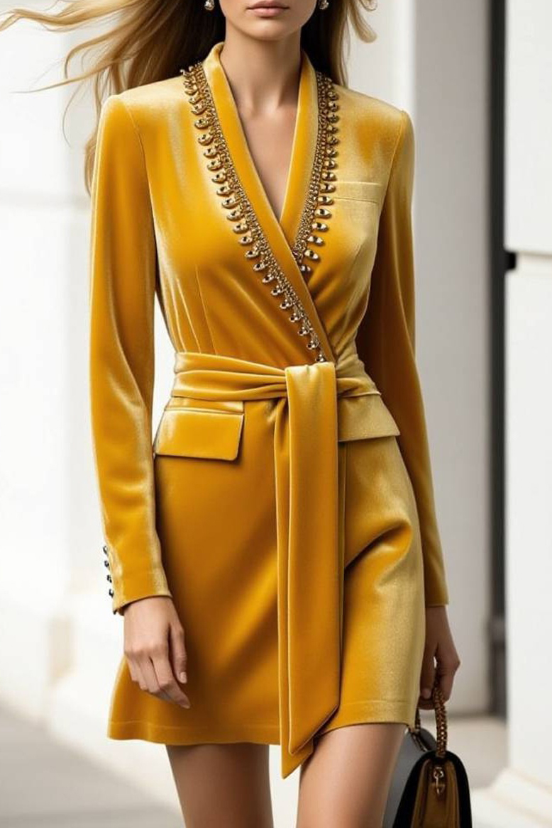 Work Velvet Wrap Dress Yellow V Neck Long Sleeve Mini Dress