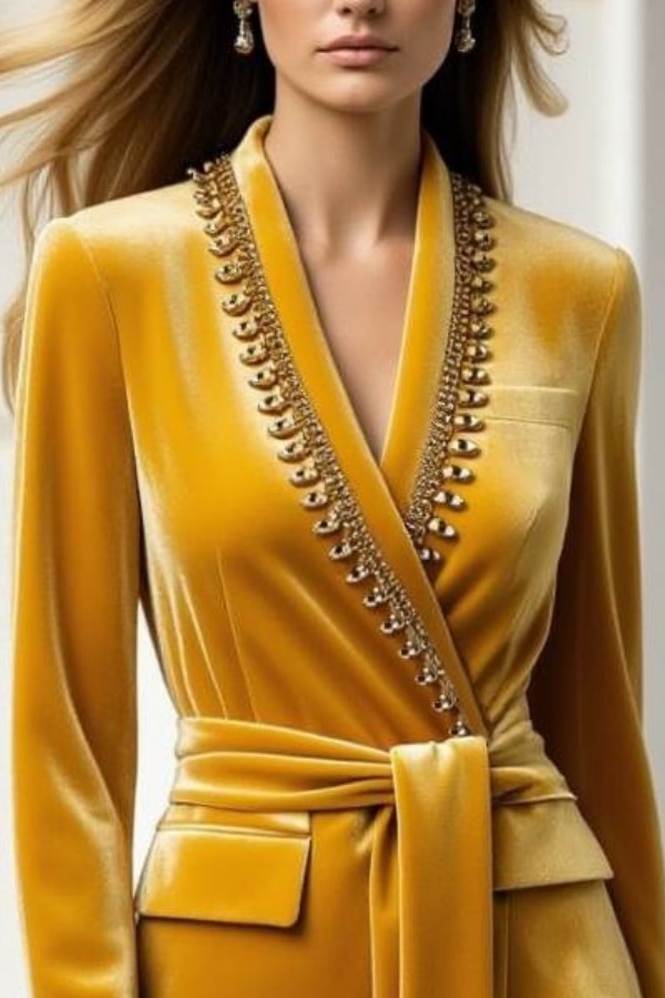 Work Velvet Wrap Dress Yellow V Neck Long Sleeve Mini Dress