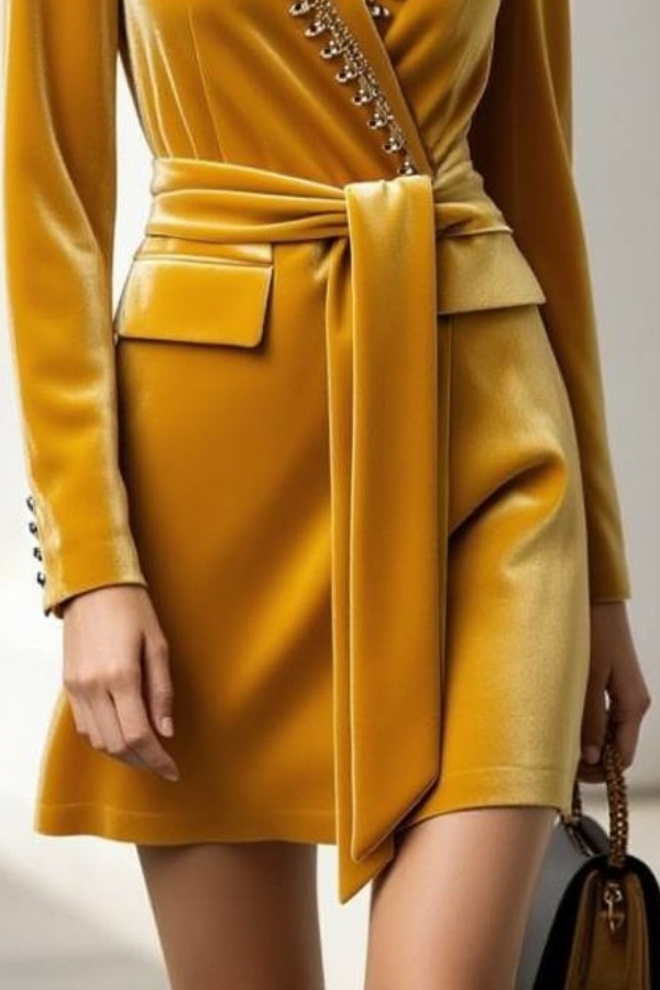 Work Velvet Wrap Dress Yellow V Neck Long Sleeve Mini Dress