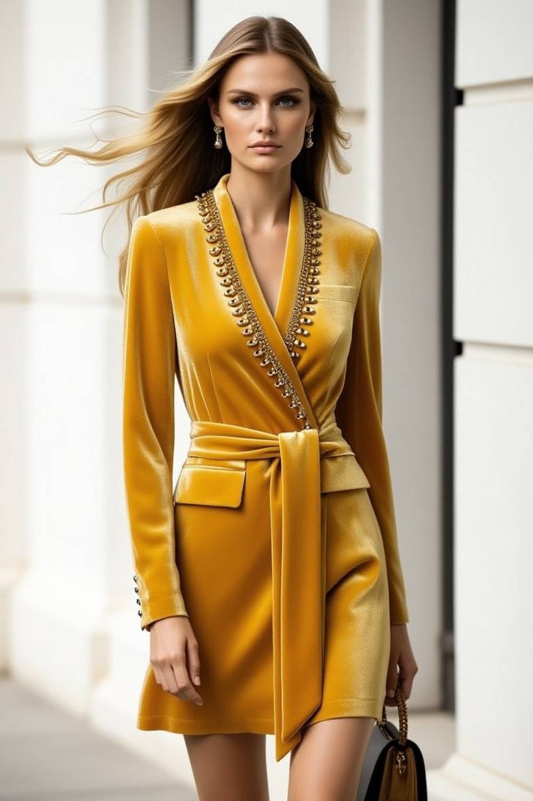 Work Velvet Wrap Dress Yellow V Neck Long Sleeve Mini Dress