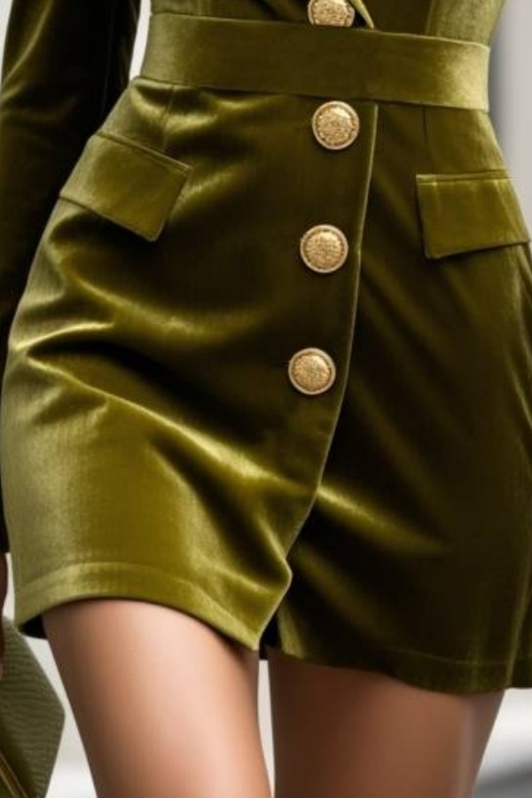 Work Velvet Dress Green V Neck Long Sleeve Mini Dress