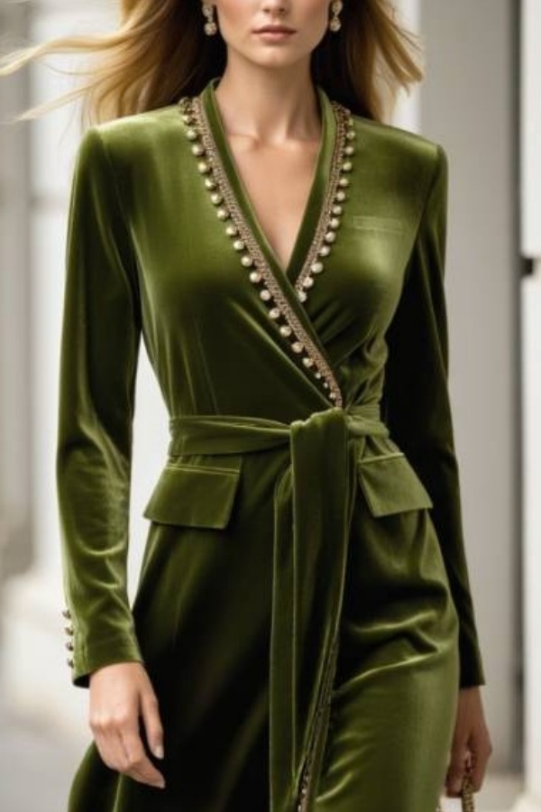 Work Velvet Dress Green V Neck Long Sleeve Midi Dress