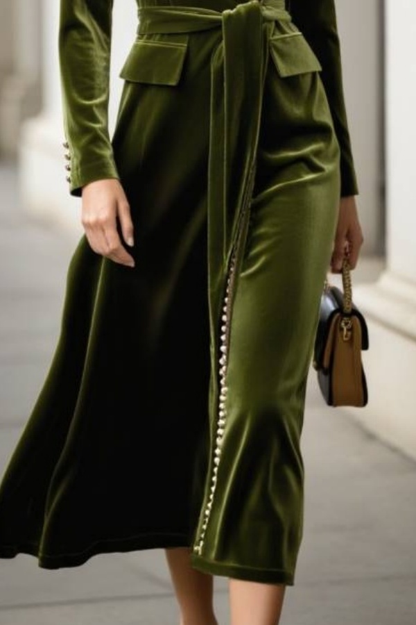 Work Velvet Dress Green V Neck Long Sleeve Midi Dress