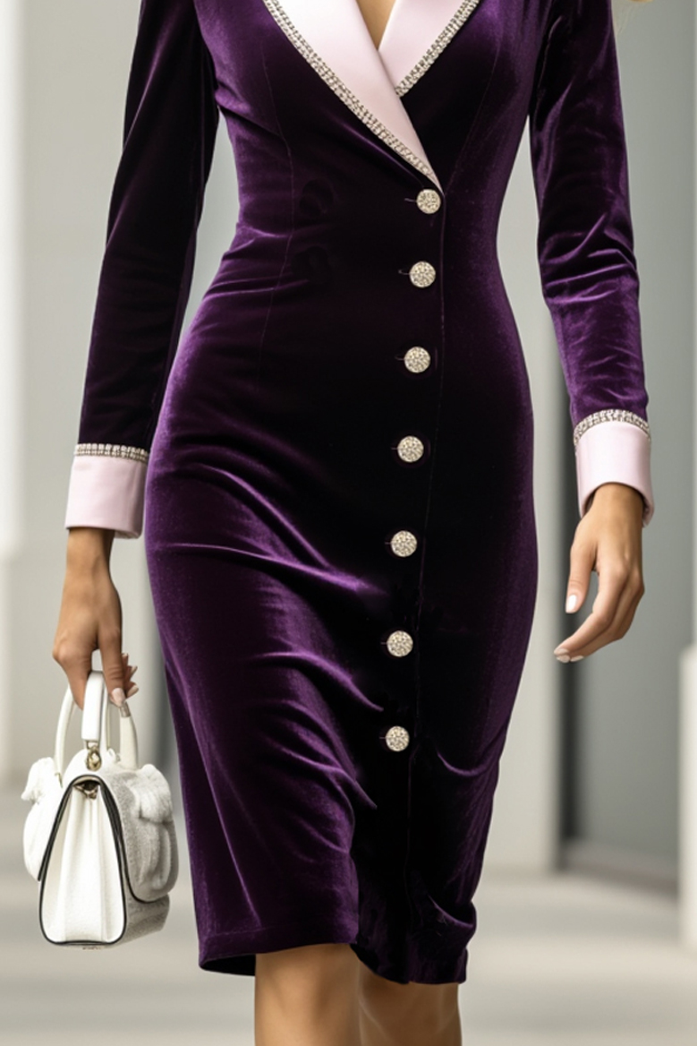 Work Velvet Dress Purple Lapel Long Sleeve Knee-Length Dress