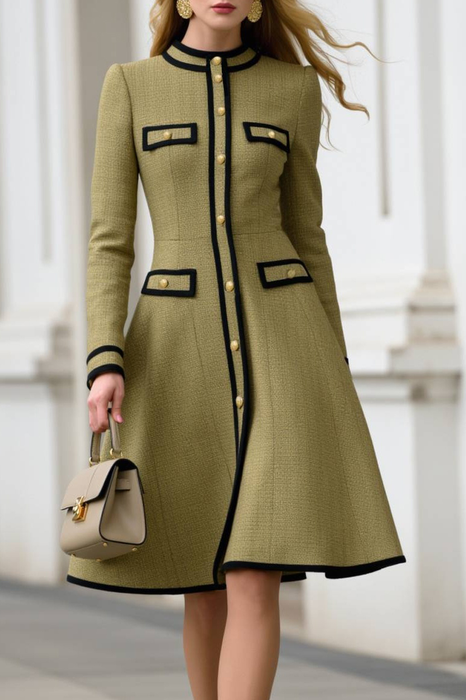 Work A-Line Dress Green Crew Neck Long Sleeve Knee-Length Dress