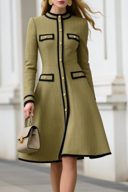 Work A-Line Dress Green Crew Neck Long Sleeve Knee-Length Dress